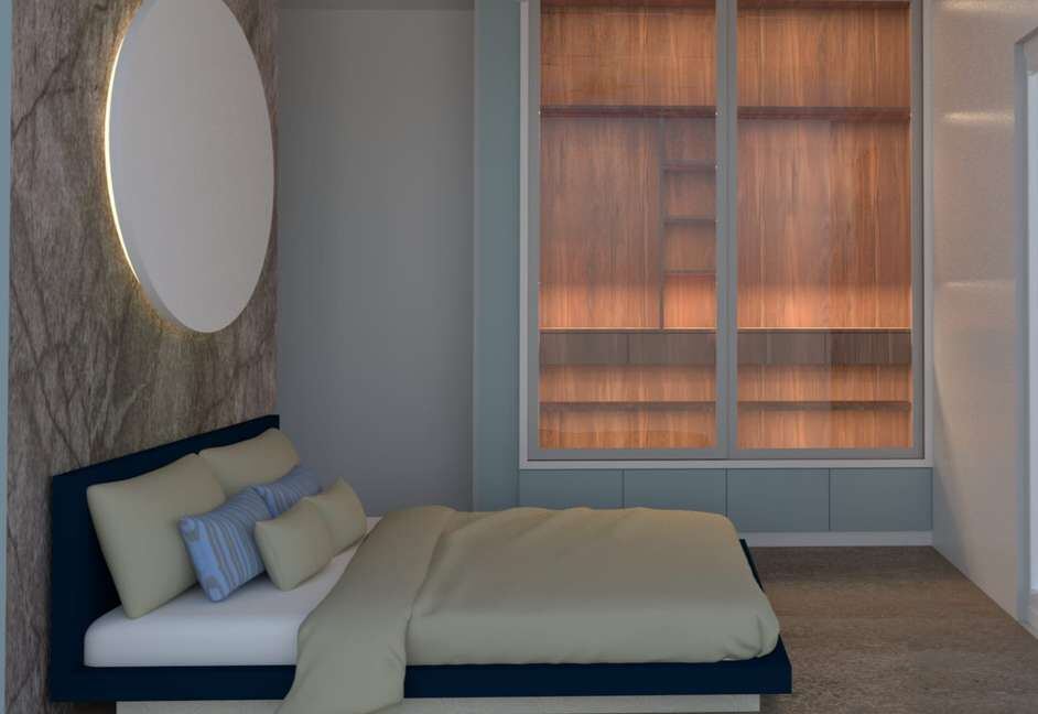 Bedroom with a round wall light and backlit wardrobe