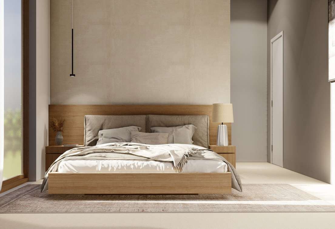 Oak bed in a neutral bedroom