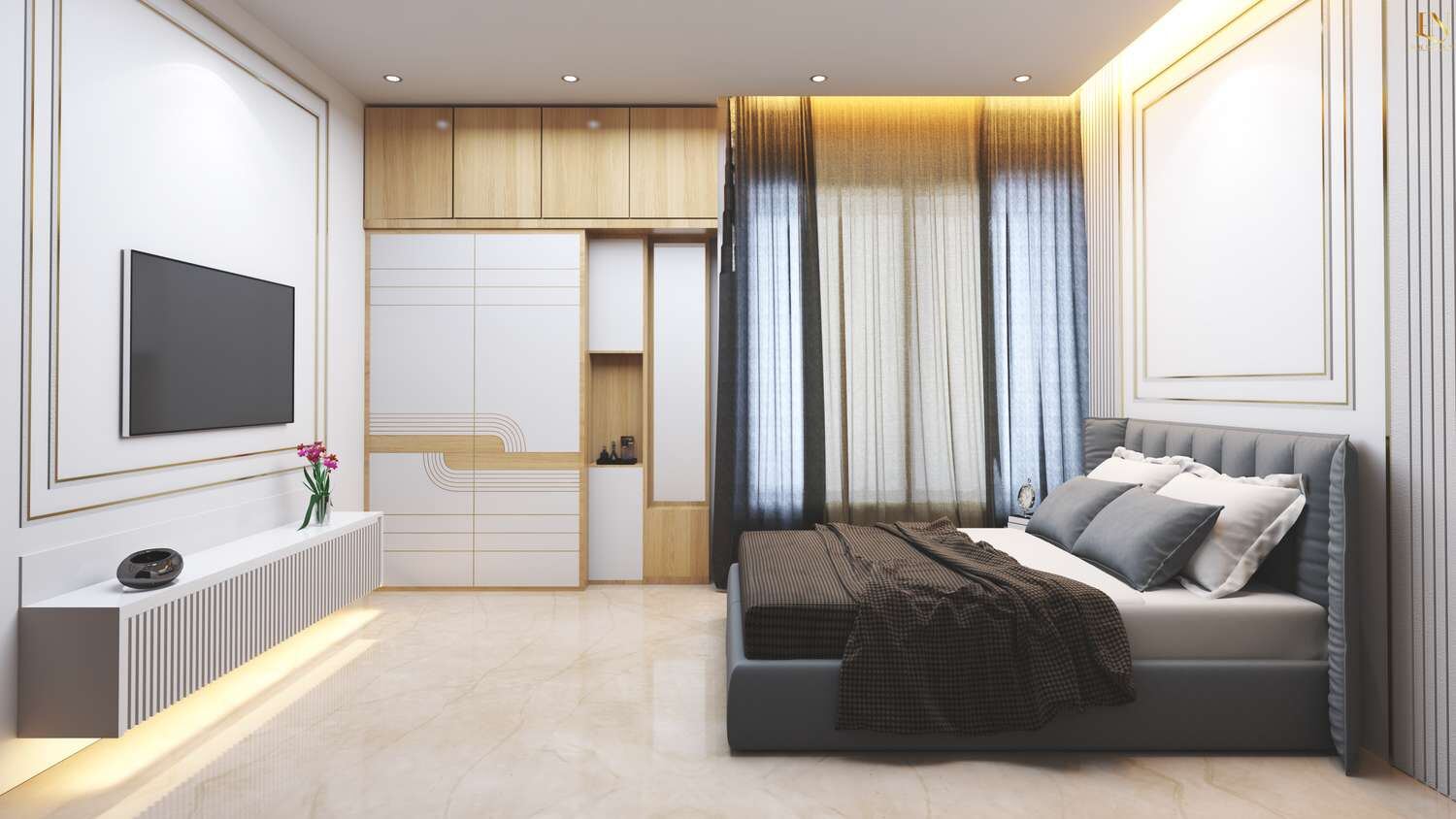Bedroom with wardrobe wall, TV unit and cove lighting