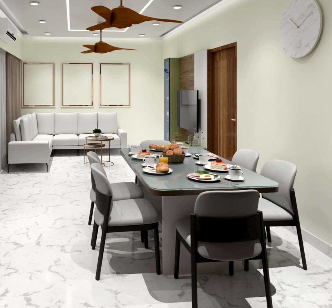 Dining area with grey-top table and open living space