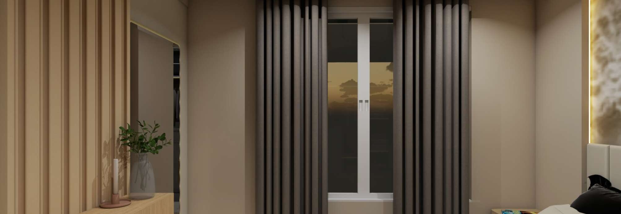 Bedroom with fluted timber panelling and charcoal curtains at dusk