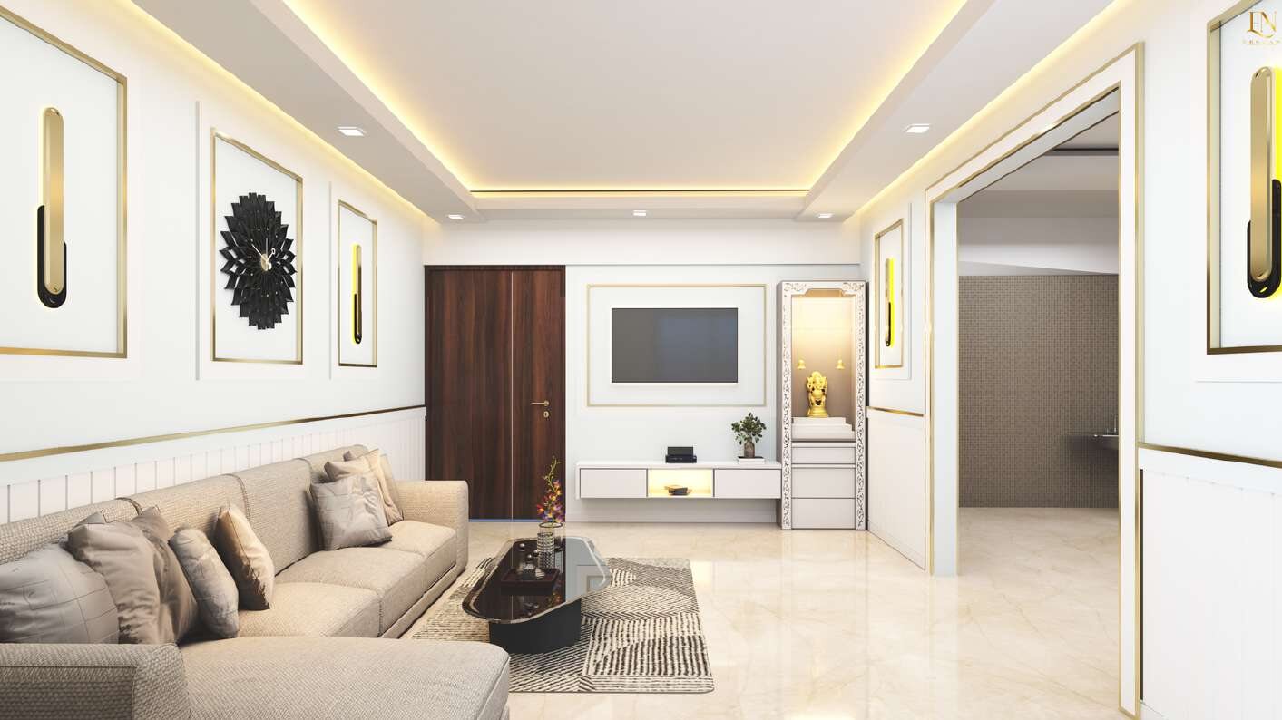 Living room with gold-lined wall panels, a pooja unit and a corner sofa under a lit cove ceiling