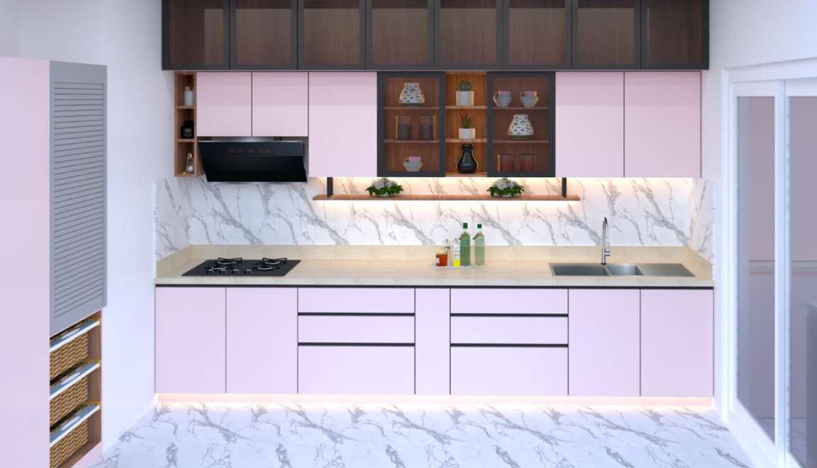 Blush kitchen with open display shelves and marble splash