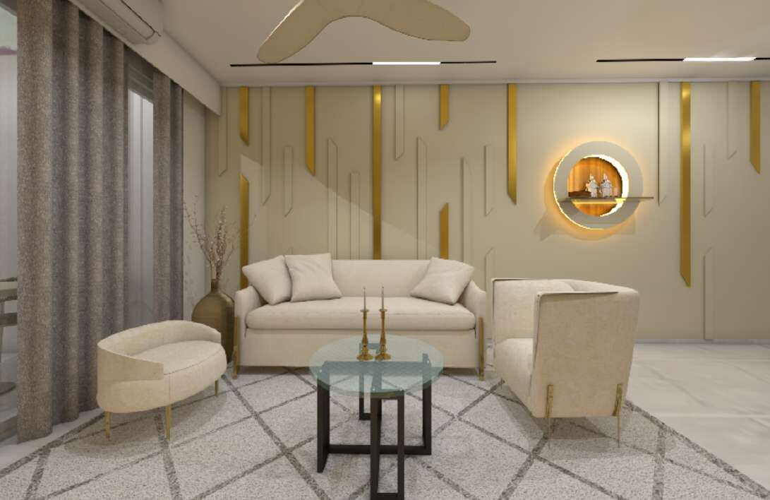 Lounge with cream seating and a gold-accented panelled wall