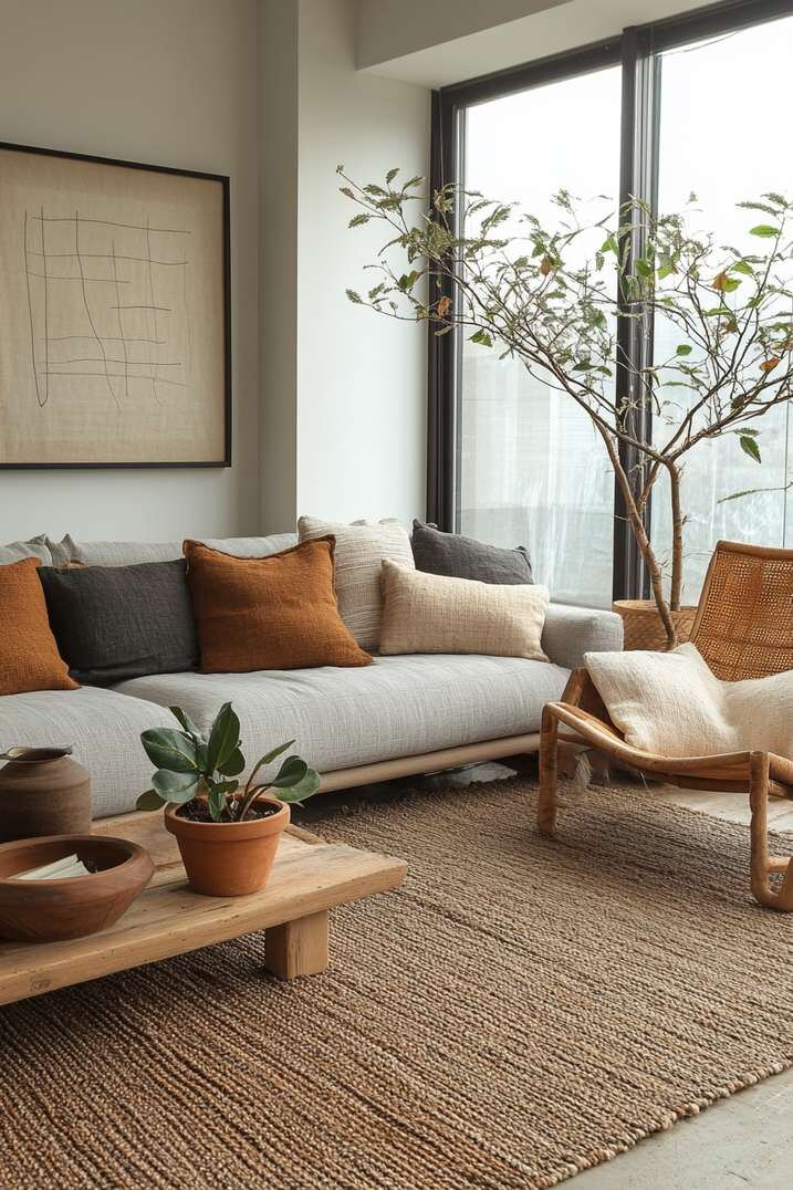 Living room with jute rug and rust cushions