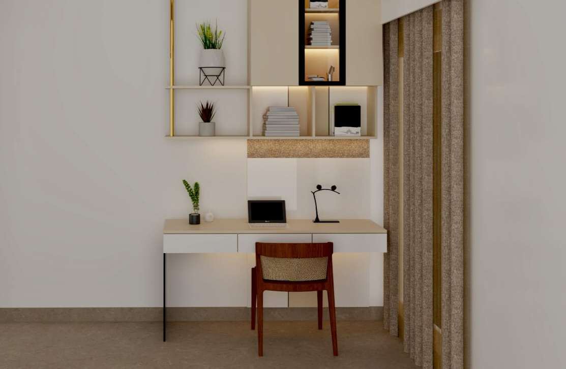Wall-mounted study desk with lit open shelves beside a fluted curtain