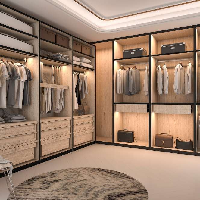 Walk-in wardrobe with lit shelving and drawers
